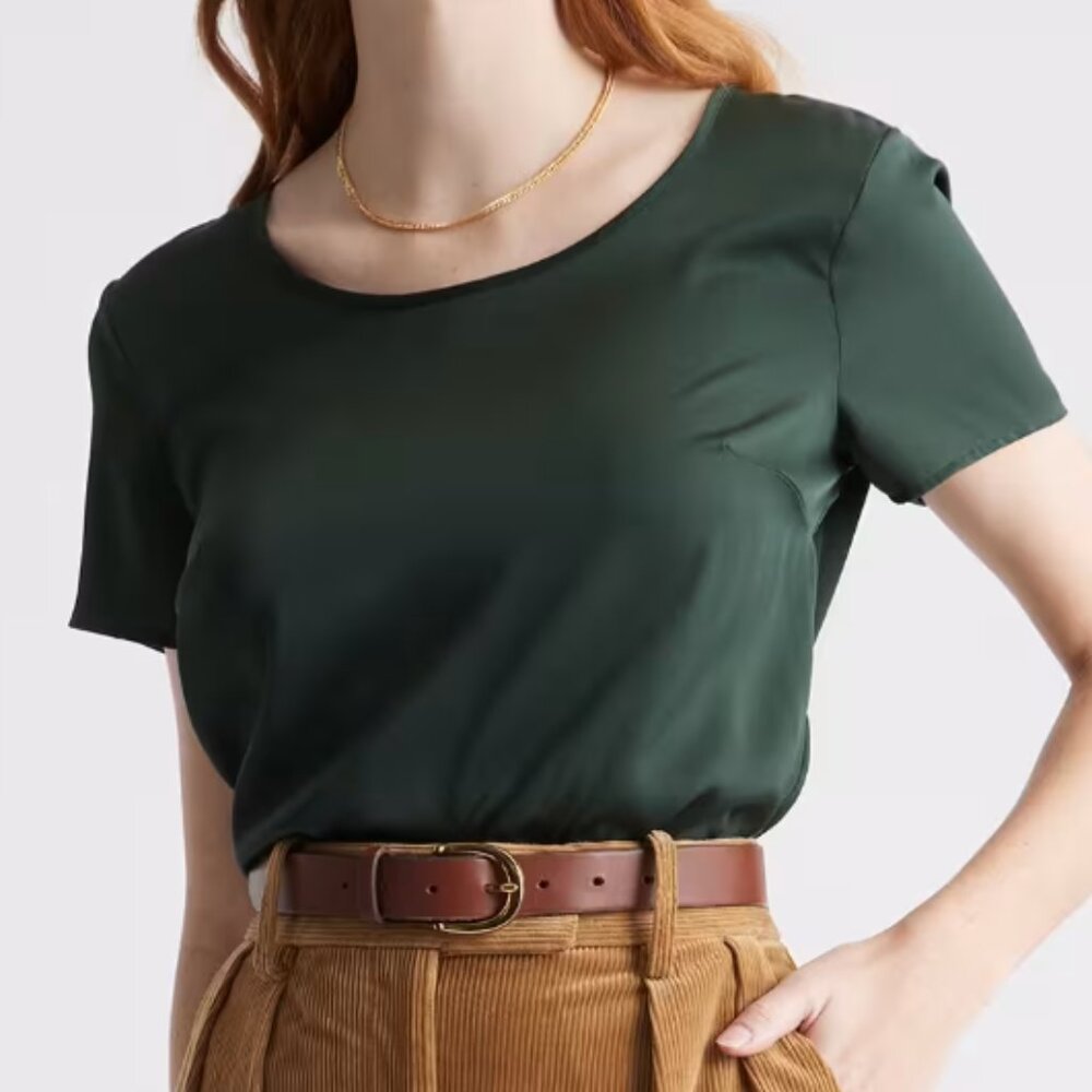 Quince Washable Stretch Silk Tee Forest Green Size Small